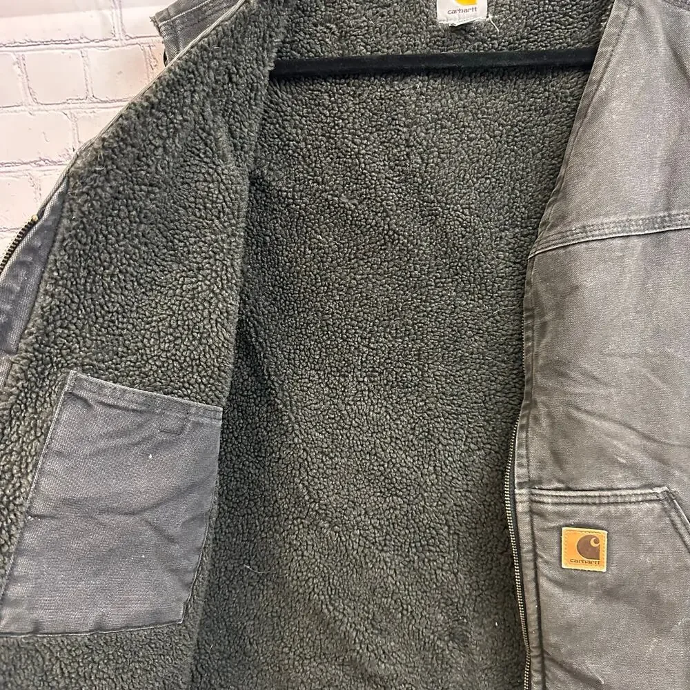 Vintage Charhartt Faded Black Sherpa Lined V Neck Zip Up Vest Men's 2XL V26 BLK - Picture 7 of 9